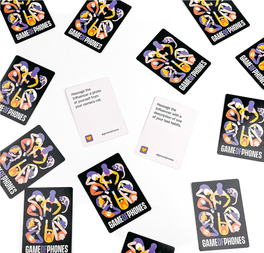 Game of Phones gameplay cards showing social media challenge prompts