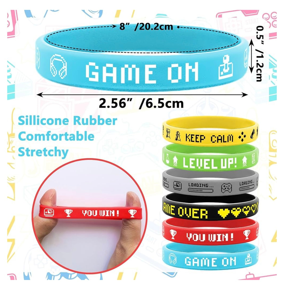 A set of colorful silicone bracelets featuring video game-themed designs, perfect for gamers, party favors, and everyday wear.