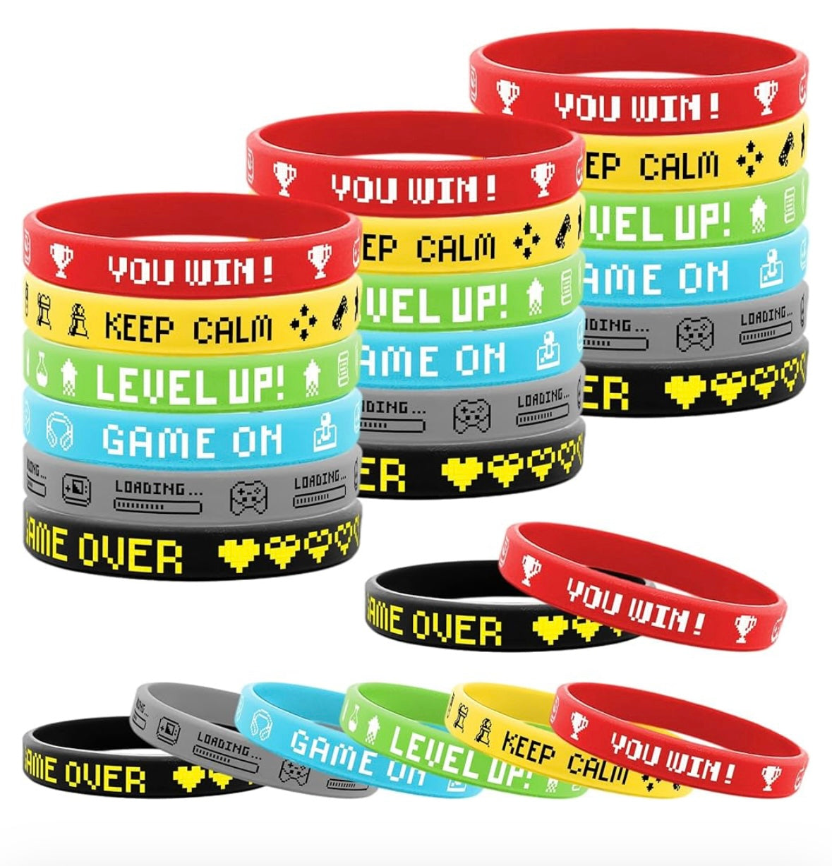 A set of colorful silicone bracelets featuring video game-themed designs, perfect for gamers, party favors, and everyday wear.