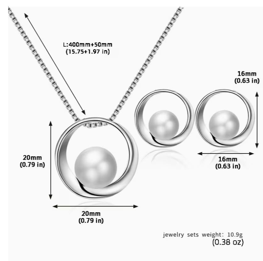 Pearl jewelry set showing size measurements of necklace pendant and stud earrings