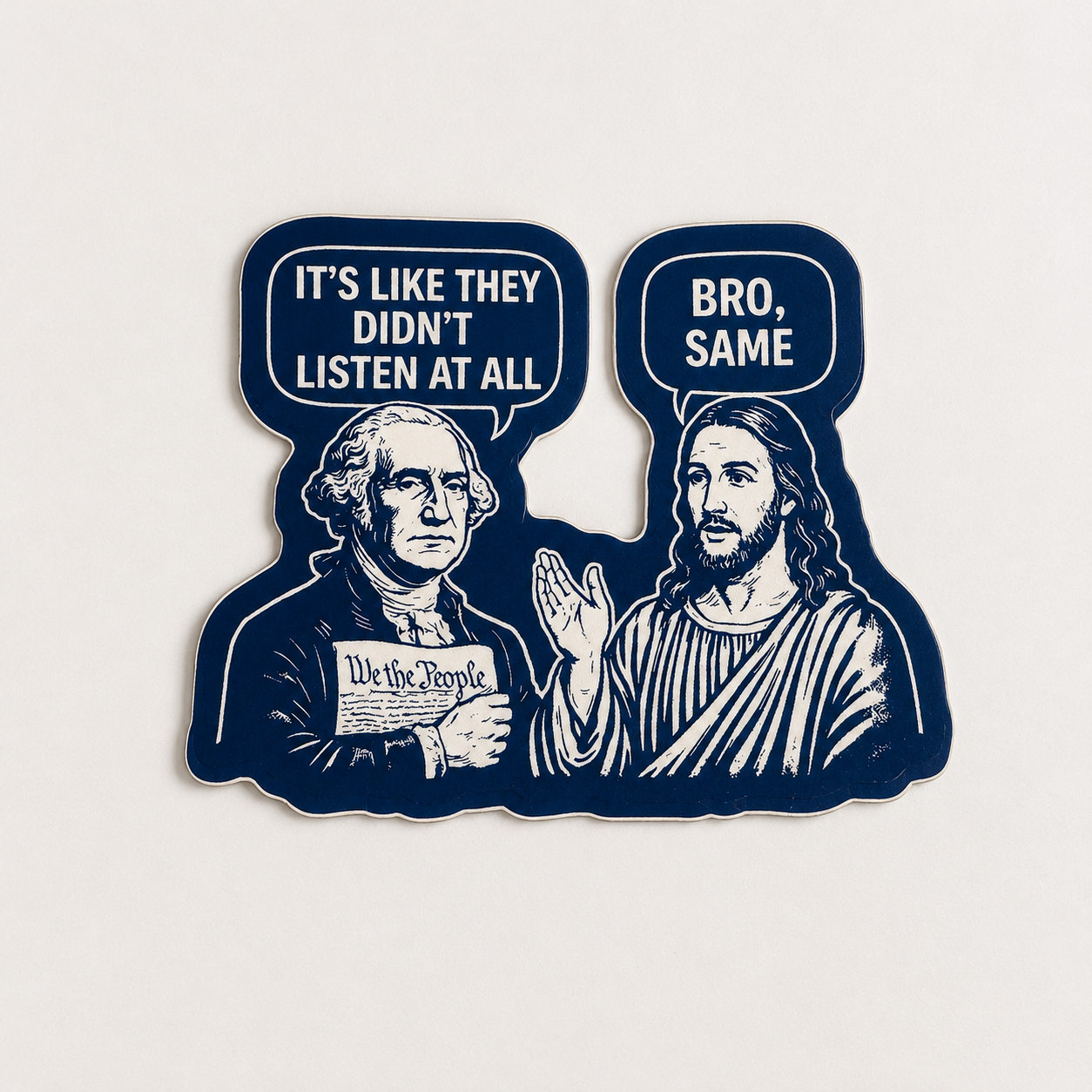 Two stickers with illustrations of a historical figure and a religious figure, each with a speech bubble containing text.