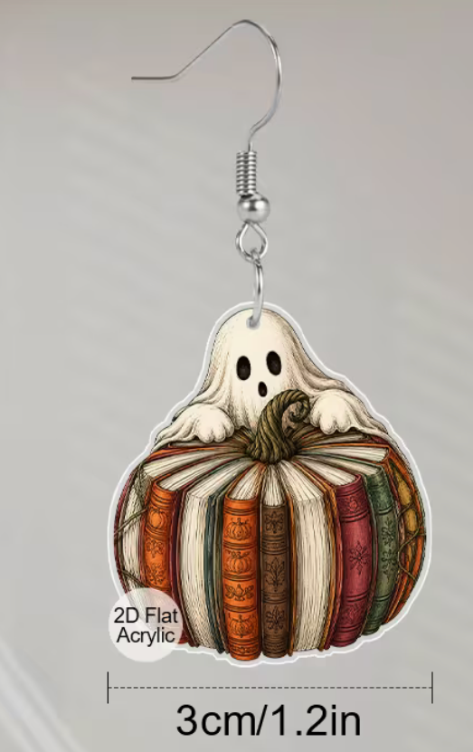 ute ghost and book pumpkin acrylic dangle earring with silver-tone fishhook ear wire and 1.2 inch charm