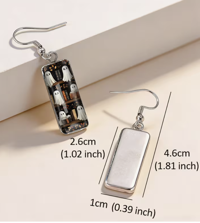 Bookish ghost bookshelf rectangular earring with silver-tone hook measuring approximately 1.81 inches long