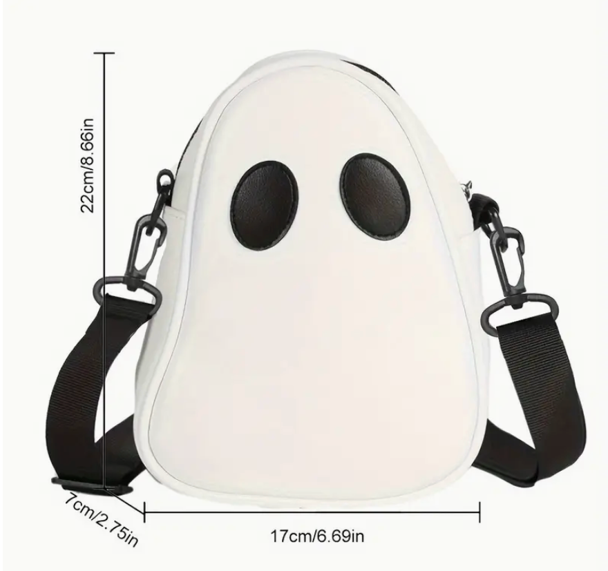Ghost-shaped bag with dimensions on a white background