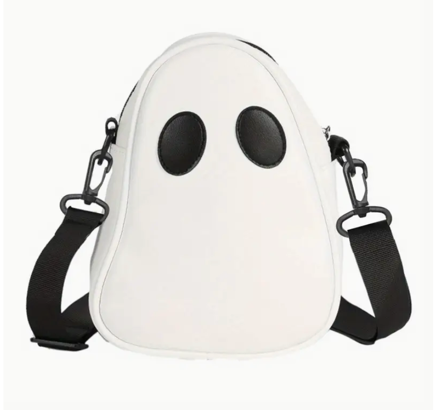 Ghost-shaped bag with black eyes on a white background