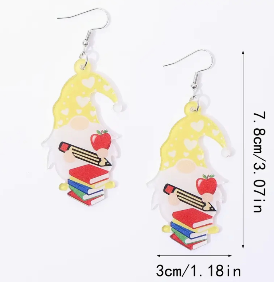 Pair of acrylic earrings featuring cheerful gnomes carrying textbooks, pencils, and apples—perfect for teachers and school-themed outfits.