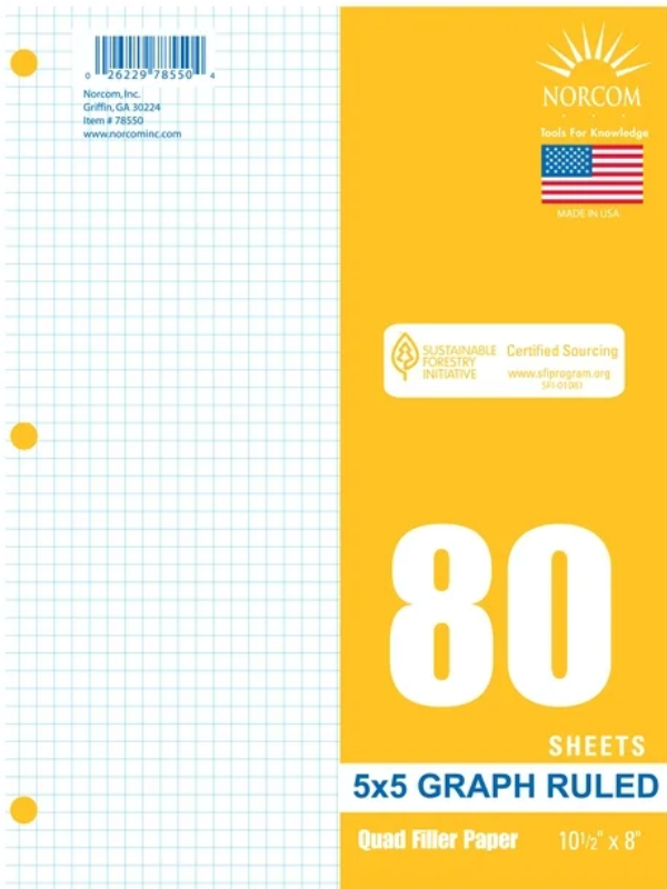 Pack of 80 sheets of quad ruled filler paper, 5x5 graph rule, measuring 10.5 by 8 inches—ideal for graphing and note-taking.