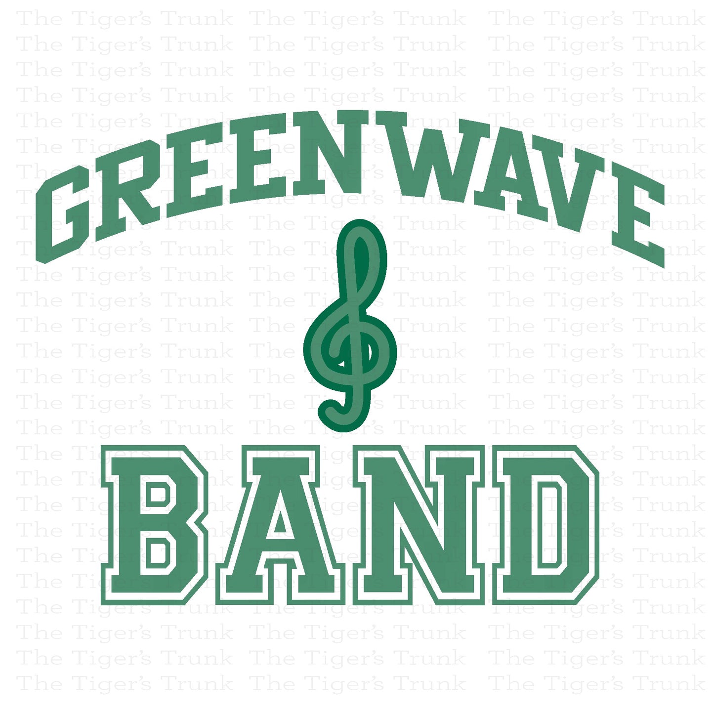 Green 'Greenwave Band' text with a treble clef symbol on a white background