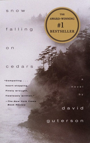 Book cover of 'Snow Falling on Cedars' with a forest scene and award badge.