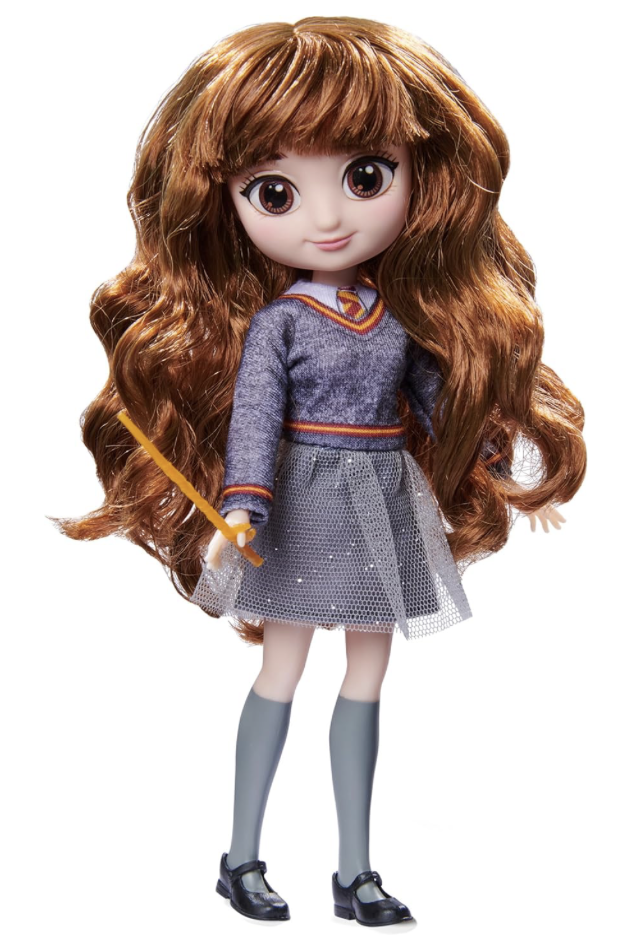A Hermione Granger doll from the Wizarding World collection, dressed in a Hogwarts uniform and holding a wand, perfect for fans and collectors.