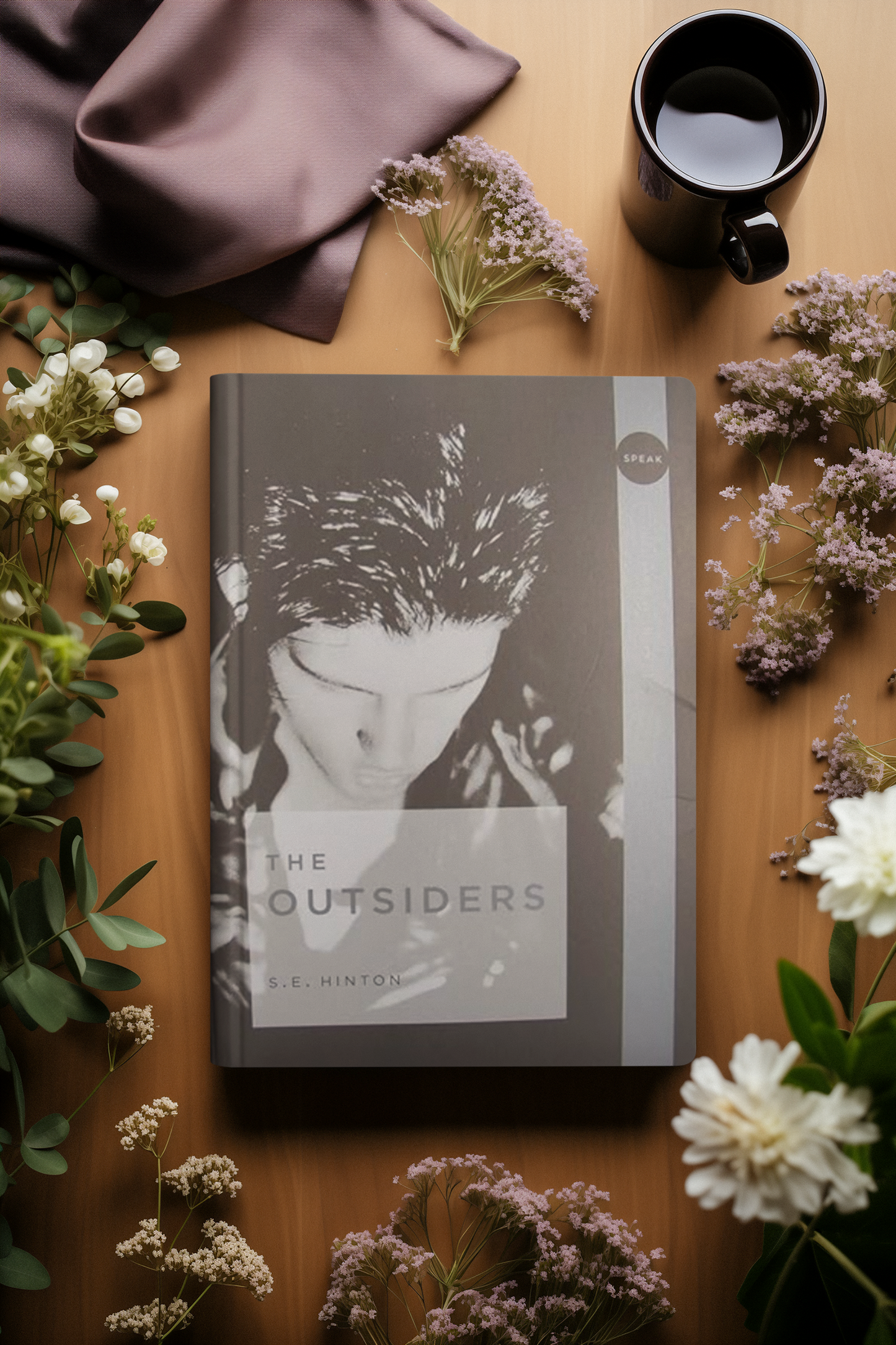 Front cover of The Outsiders by S.E. Hinton, featuring a black leather jacket with bold lettering and a gritty, urban backdrop.