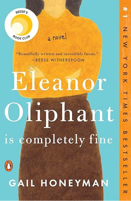 Cover of Eleanor Oliphant is Completely Fine by Gail Honeyman, featuring a silhouette of a woman standing against a background resembling a burnt matchstick figure.