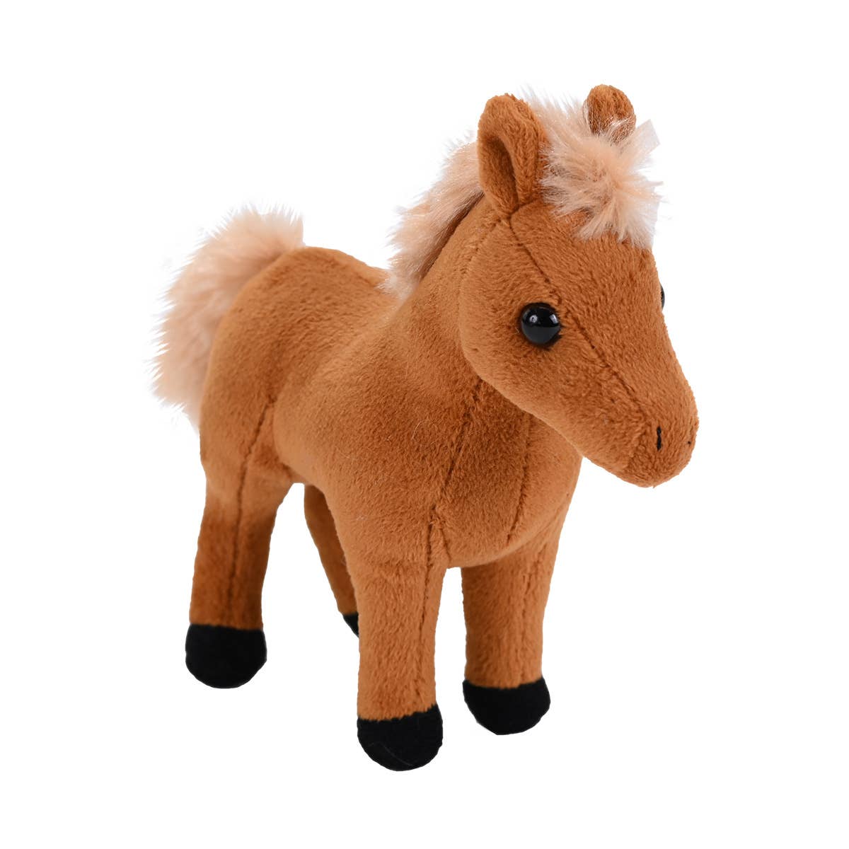 Brown 5-inch horse stuffed animal by Wild Republic with a fluffy cream mane and tail and black hooves.