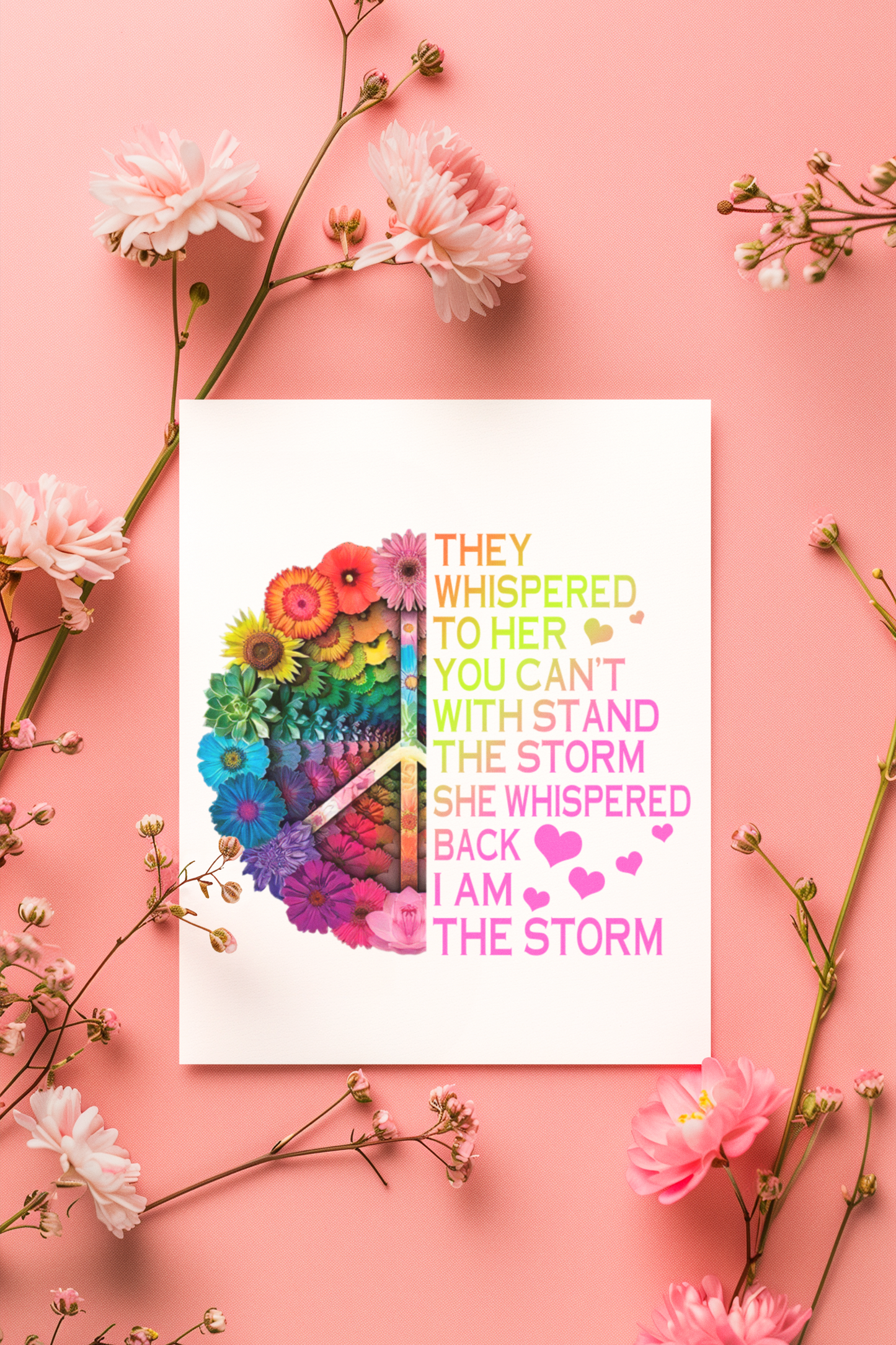A Women’s History Month greeting card featuring a floral peace sign and the empowering quote: They whispered to her, ‘You can’t withstand the storm.’ She whispered back, ‘I am the storm.’