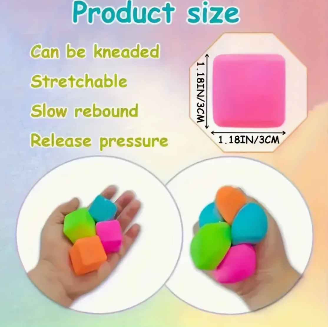 Colorful squishy product with text describing its properties and dimensions.