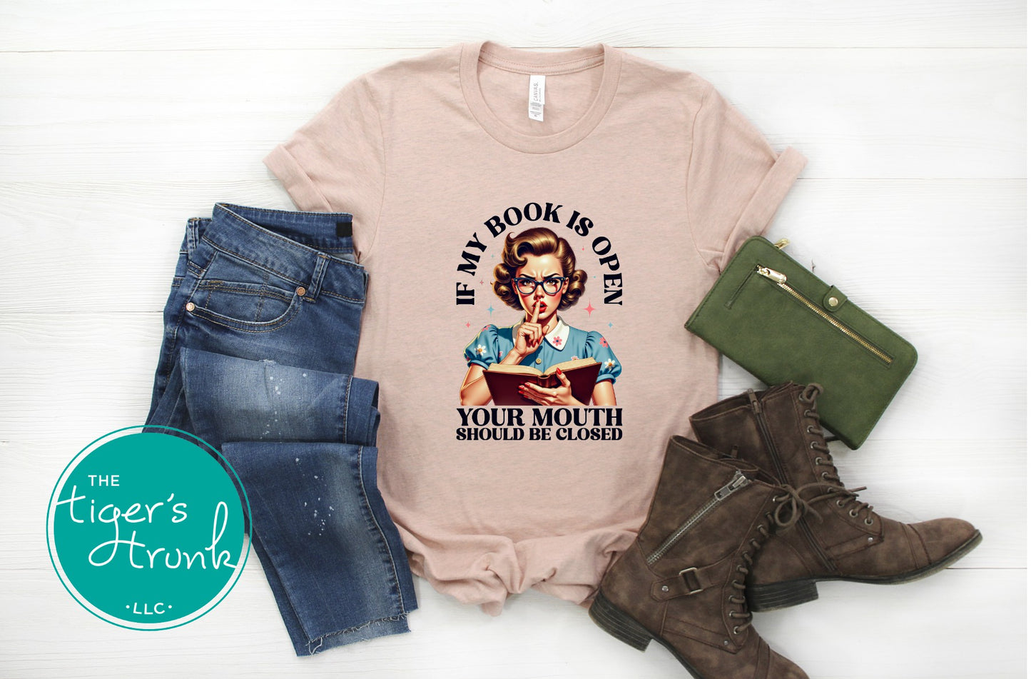 Graphic t-shirt with the quote "If My Book Is Open Your Mouth Should Be Closed," ideal for quiet-time readers and introverted book lovers