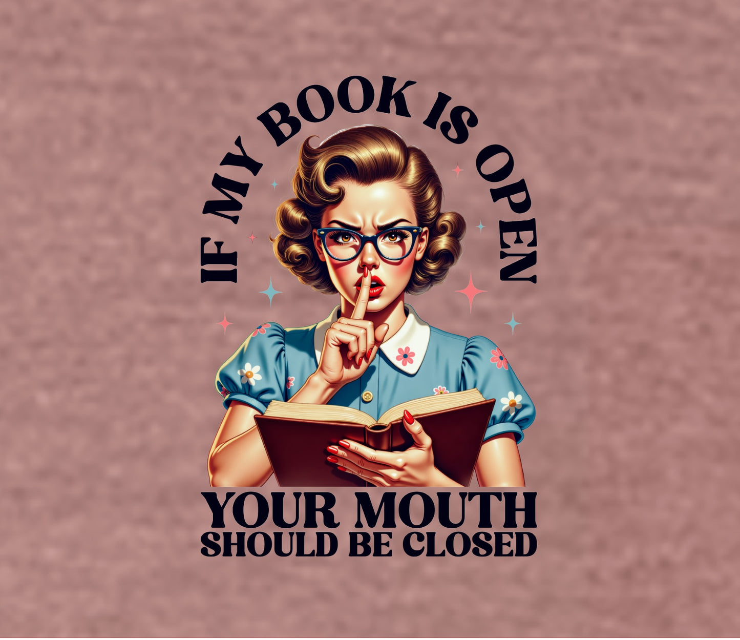 Vintage-style graphic with a woman holding a book and text on a pink background