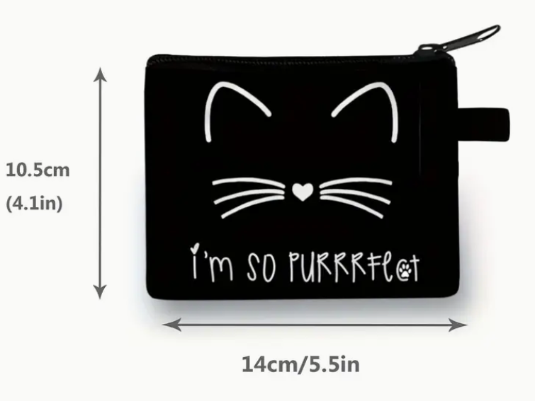 Black pouch with white cat face design and text, shown with measurements on a white background.