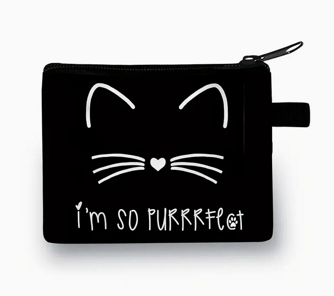 Black pouch with white cat face design and text 'I'm so purrfect' on a white background