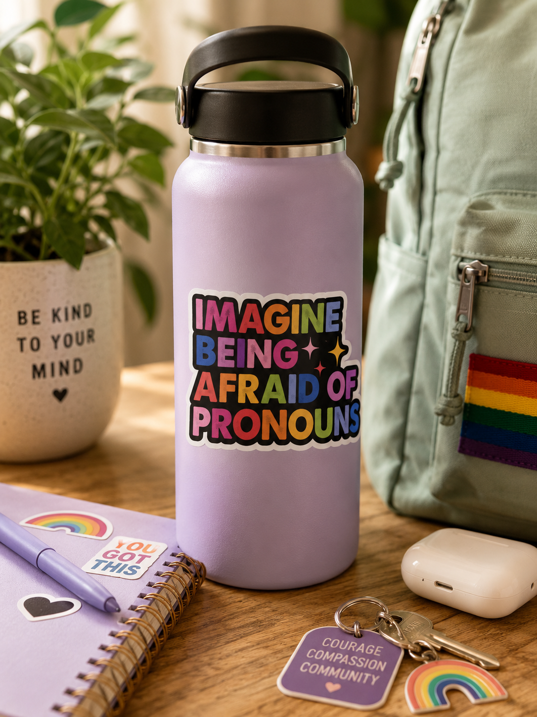 Colorful LGBTQ pride sticker reading Imagine Being Afraid of Pronouns displayed on a lavender water bottle beside rainbow-themed accessories and school supplies.