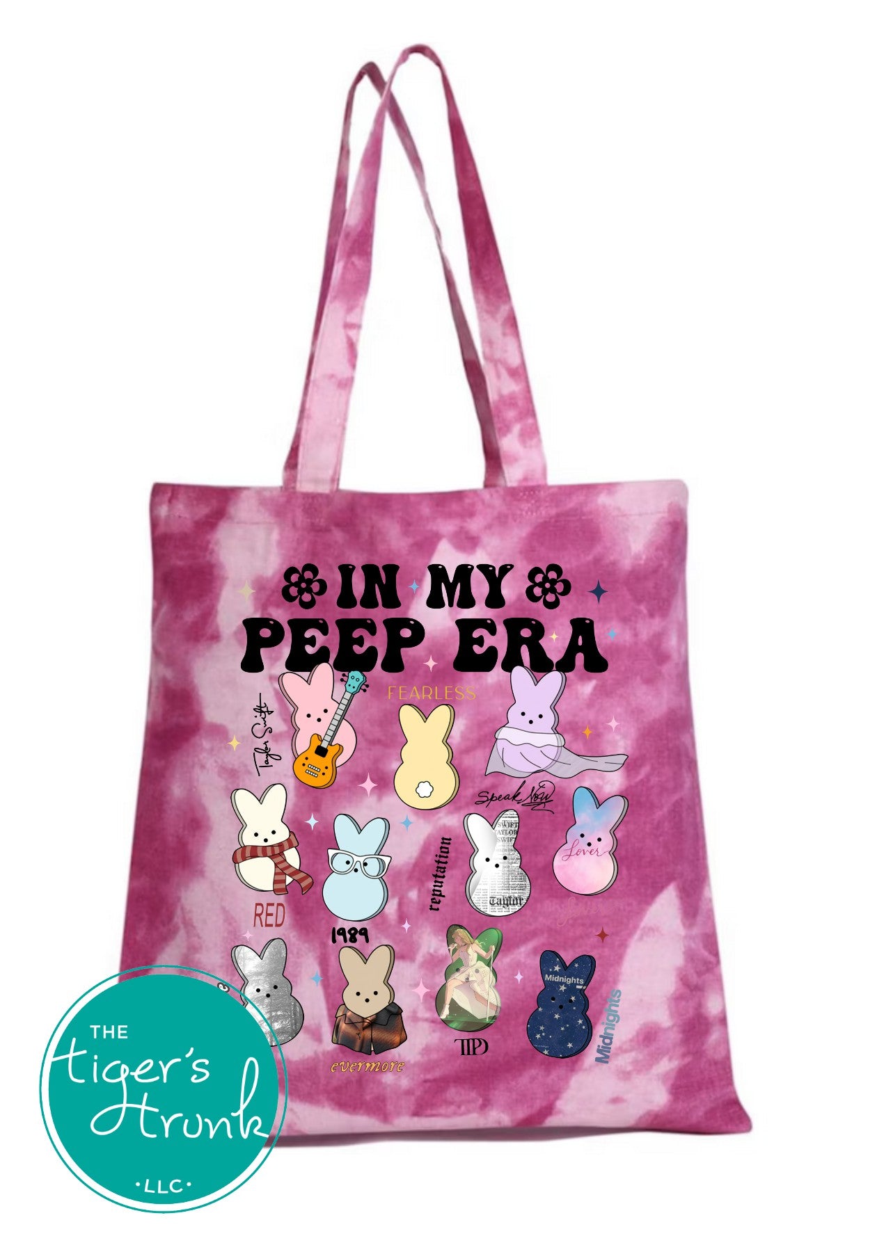 Tie-dye recycled jean canvas tote bag featuring colorful Peep bunny graphics and the phrase In My Peep Era, with sturdy 20-inch handles and a unique look.