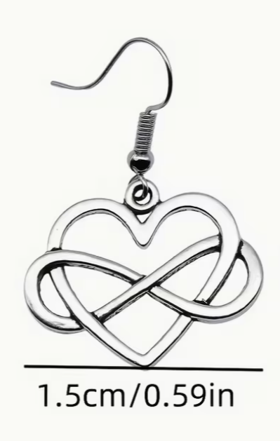 Infinity heart dangle earring showing size measurement and silver tone design