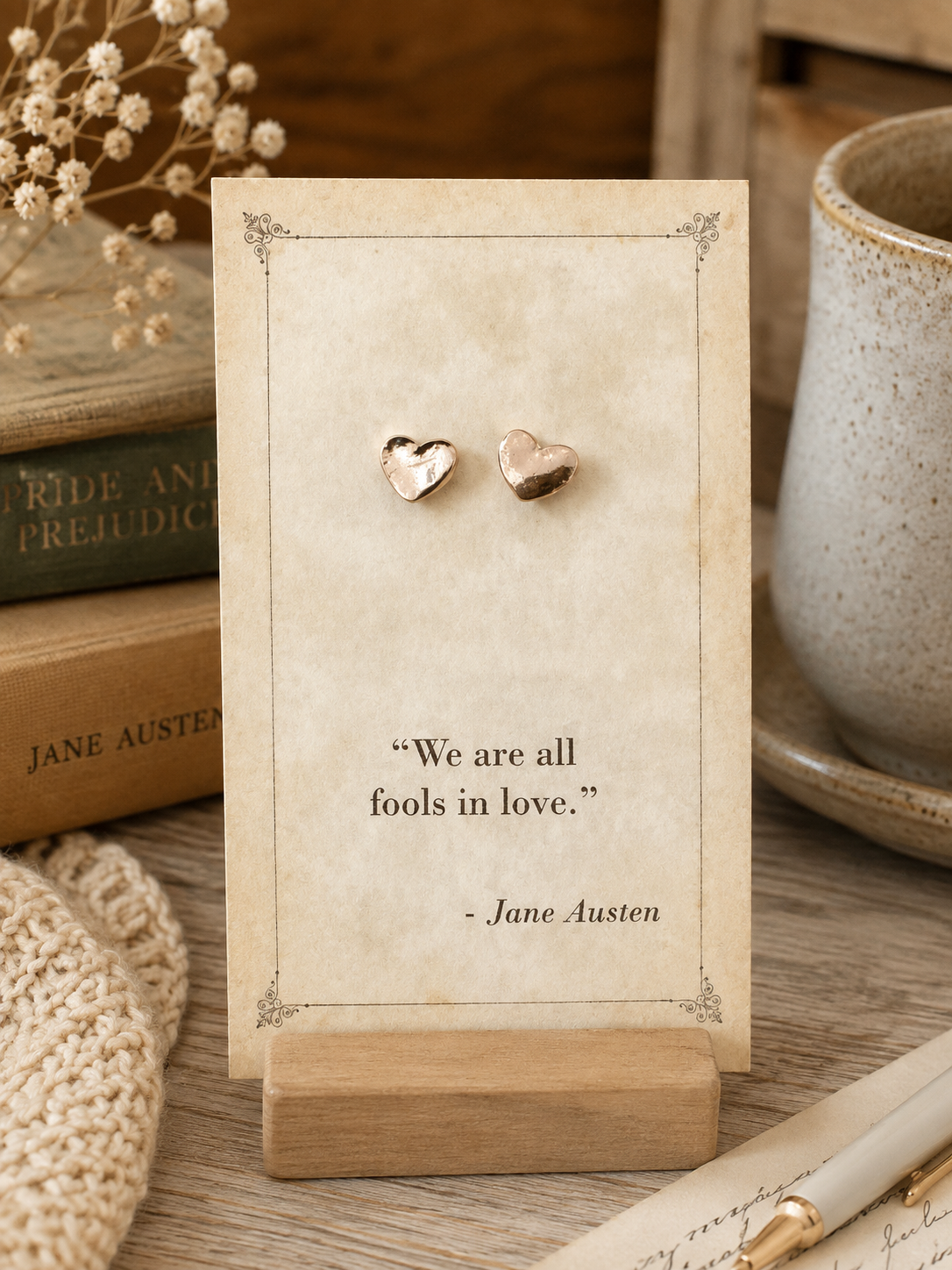 Small gold tone heart stud earrings displayed on a vintage Jane Austen quote card reading We are all fools in love