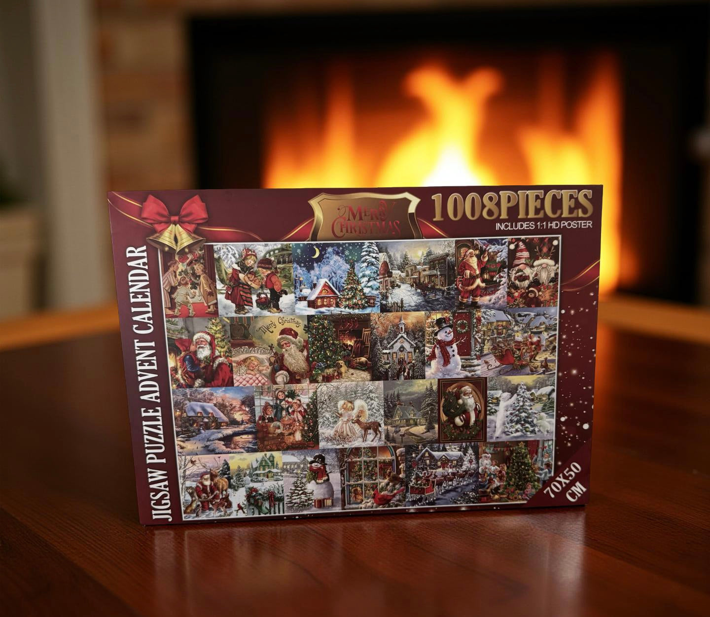 Front of Jigsaw Puzzle Advent Calendar box showing 1008-piece vintage Christmas artwork