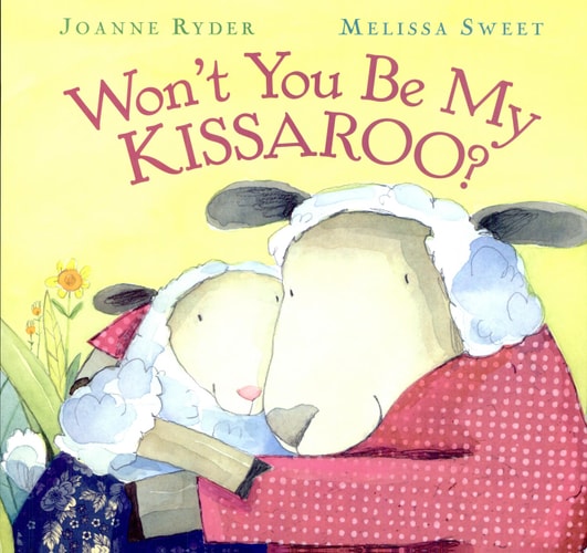 Book cover of 'Won't You Be My Kissaroo?' with two sheep hugging and a yellow background.