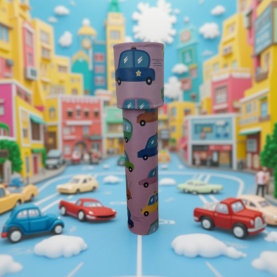 Children’s rotating kaleidoscope, 5.75 inches tall, featuring a colorful car pattern, displayed in a bright toy city scene.