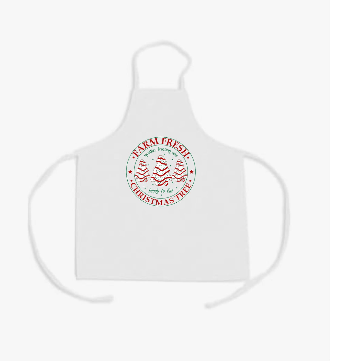 white kids Christmas apron with a circular Farm Fresh Christmas Tree design featuring decorated holiday trees