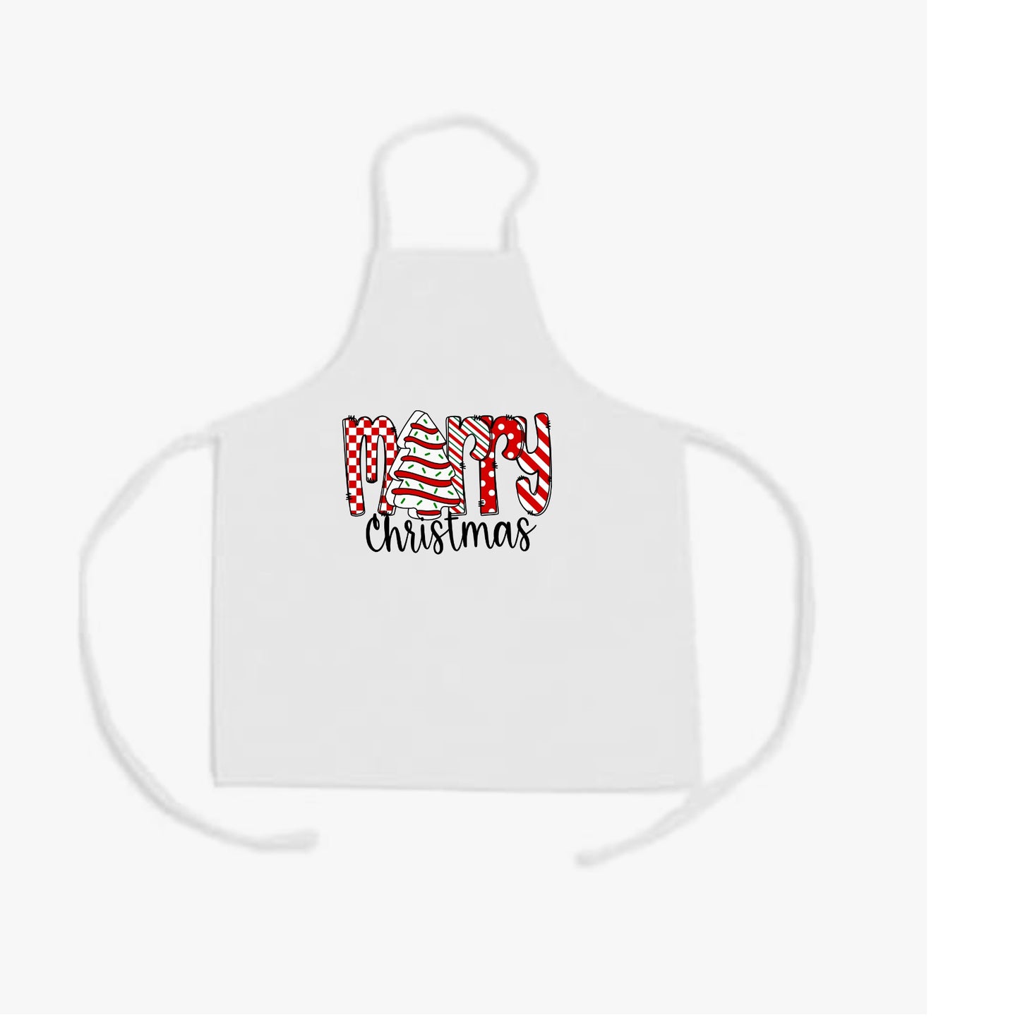 white kids Christmas apron with a red and green Merry Christmas design featuring patterned holiday letters