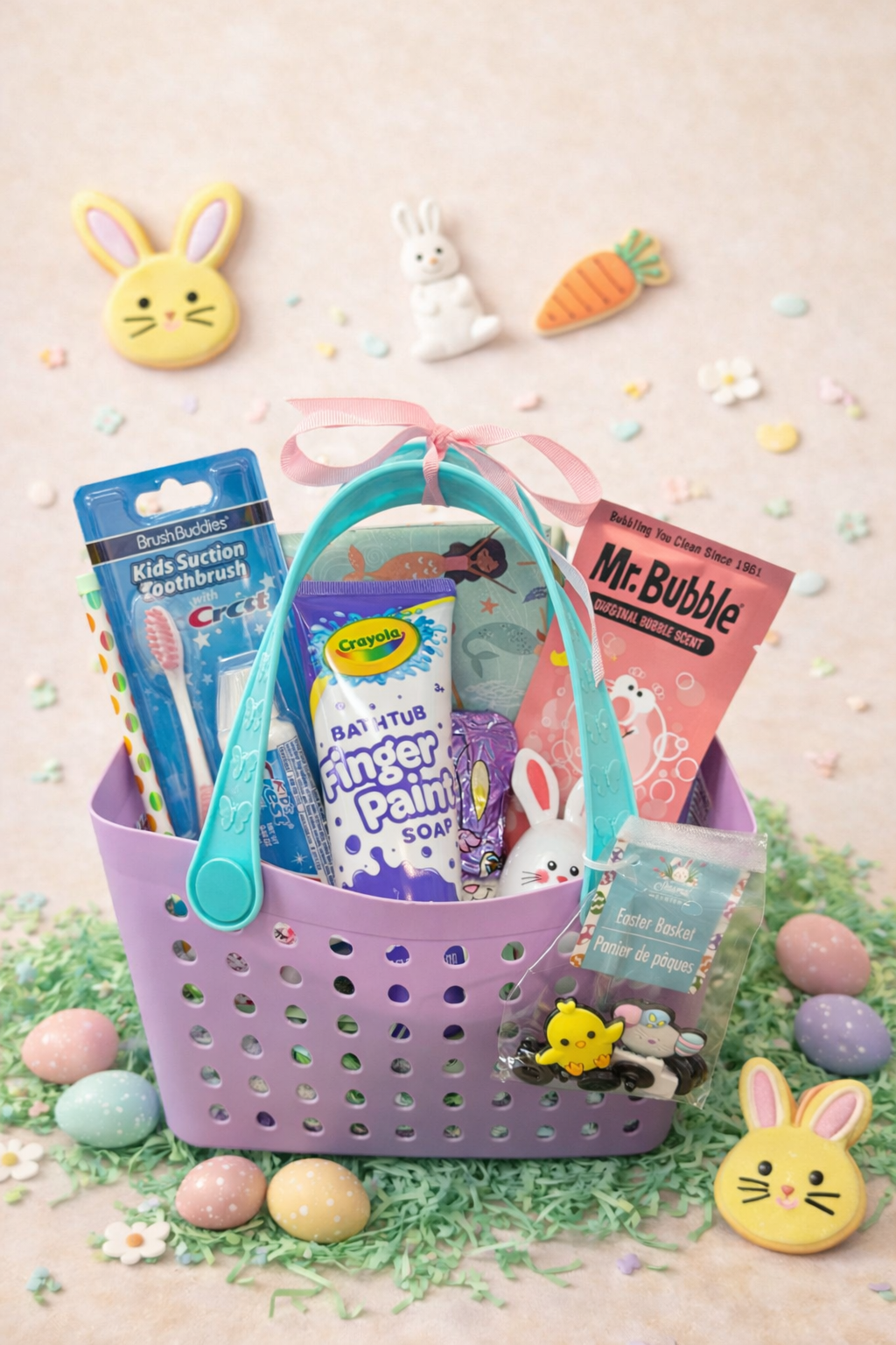 Purple kids Easter basket filled with toothbrush, toothpaste, bath treats, Croc charms, candy, and a wrapped blind date with a classic children’s fantasy book.