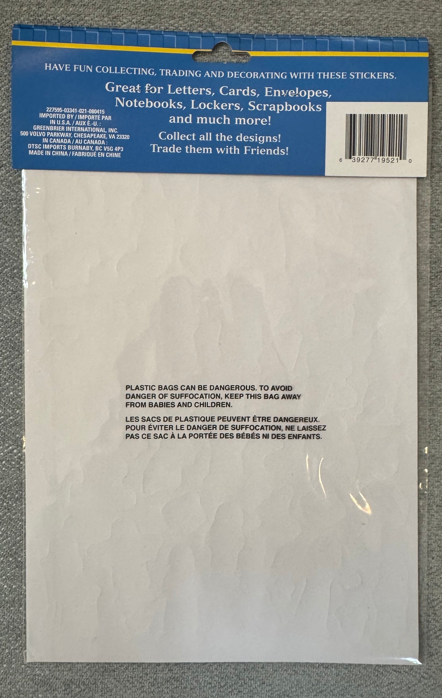 Back of kids laser sticker sheet packaging showing usage ideas for letters, cards, notebooks and scrapbooks, barcode, manufacturer information and plastic bag safety warning text.