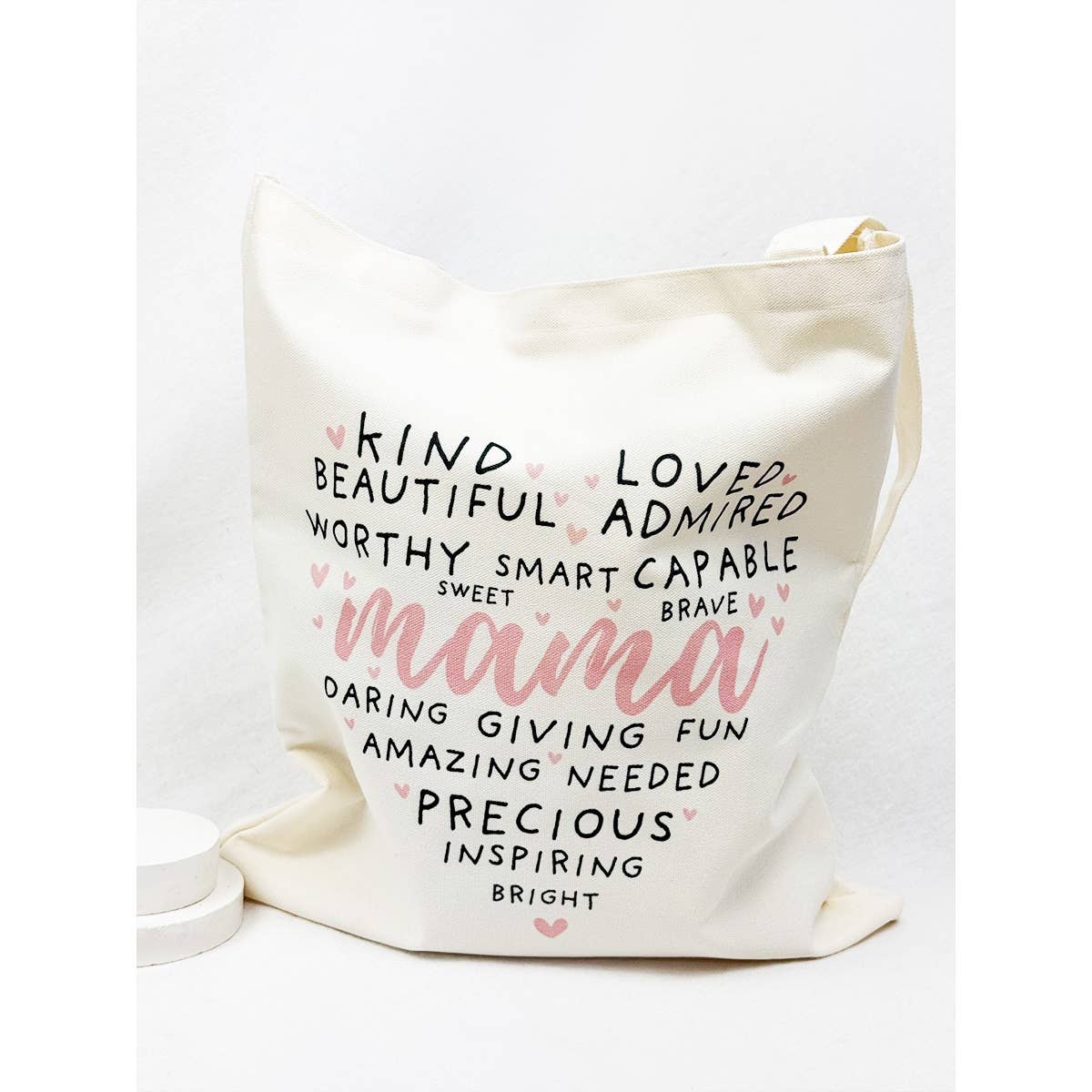 Reusable cotton tote bag with kind words mama design featuring inspirational affirmations in soft pink and black text on natural fabric