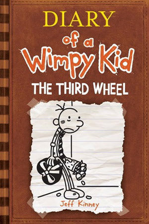 Cover of Diary of a Wimpy Kid: The Third Wheel by Jeff Kinney, featuring Greg Heffley holding a wilted flower, looking disheartened.