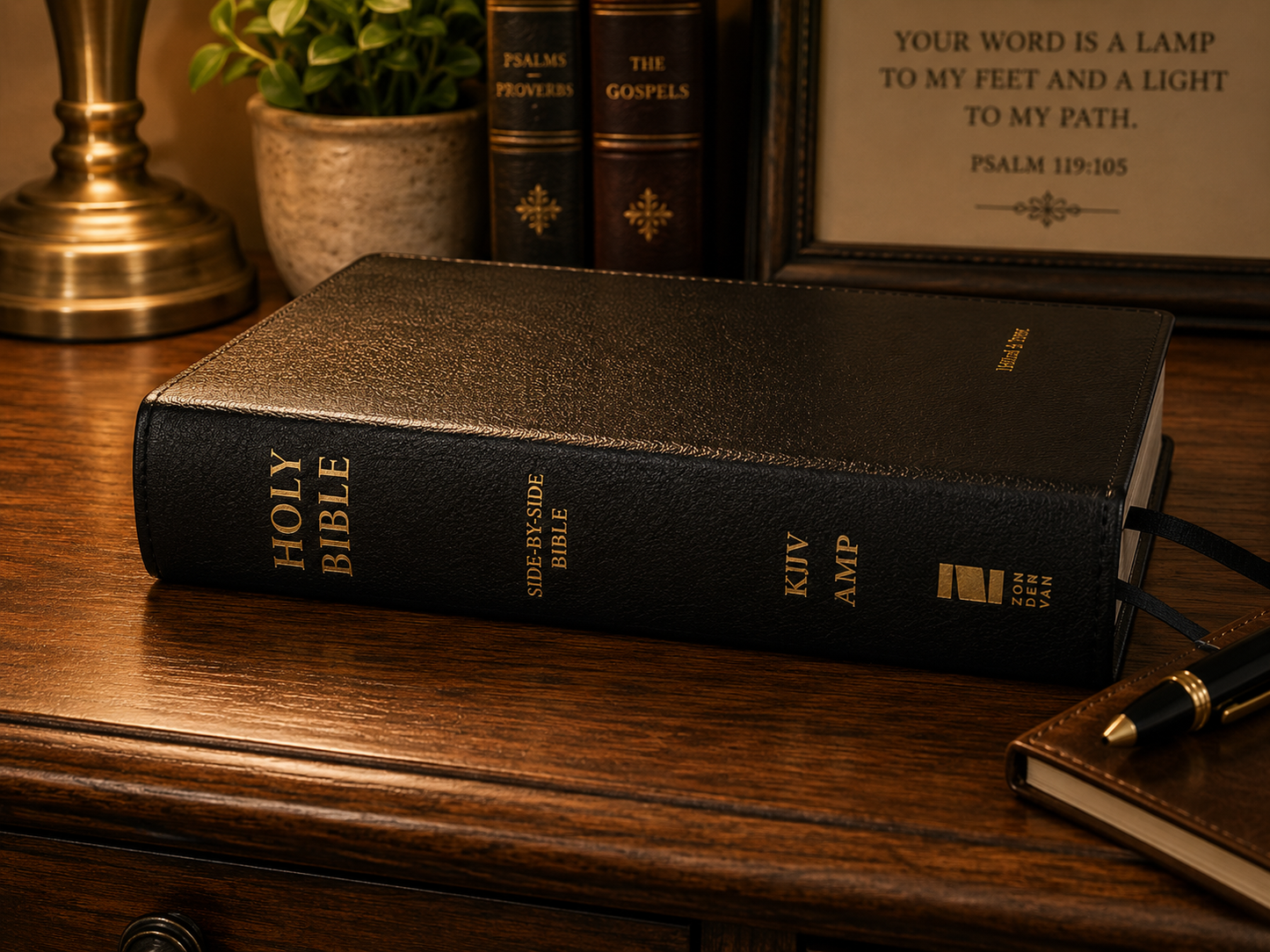 Spine view of a large print KJV/AMP Side-by-Side Bible published by Zondervan with gold-stamped lettering and ribbon markers visible.