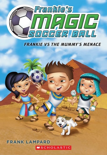 Book cover of 'Frankie's Magic Soccer Ball' featuring three children and a dog with a soccer ball.