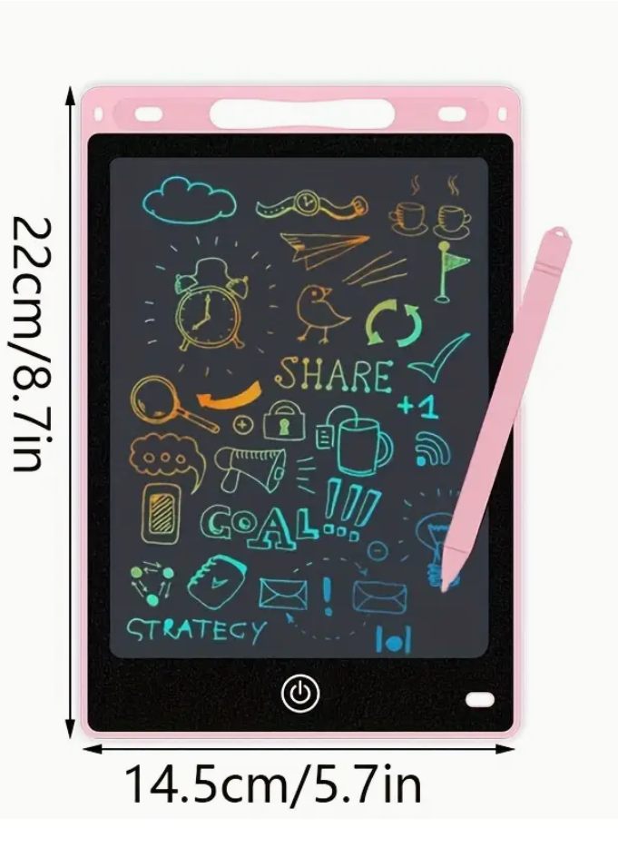 Colorful 8.5-inch LCD writing tablet for kids, featuring a durable PVC design and stylus, ideal for drawing and educational activities.
