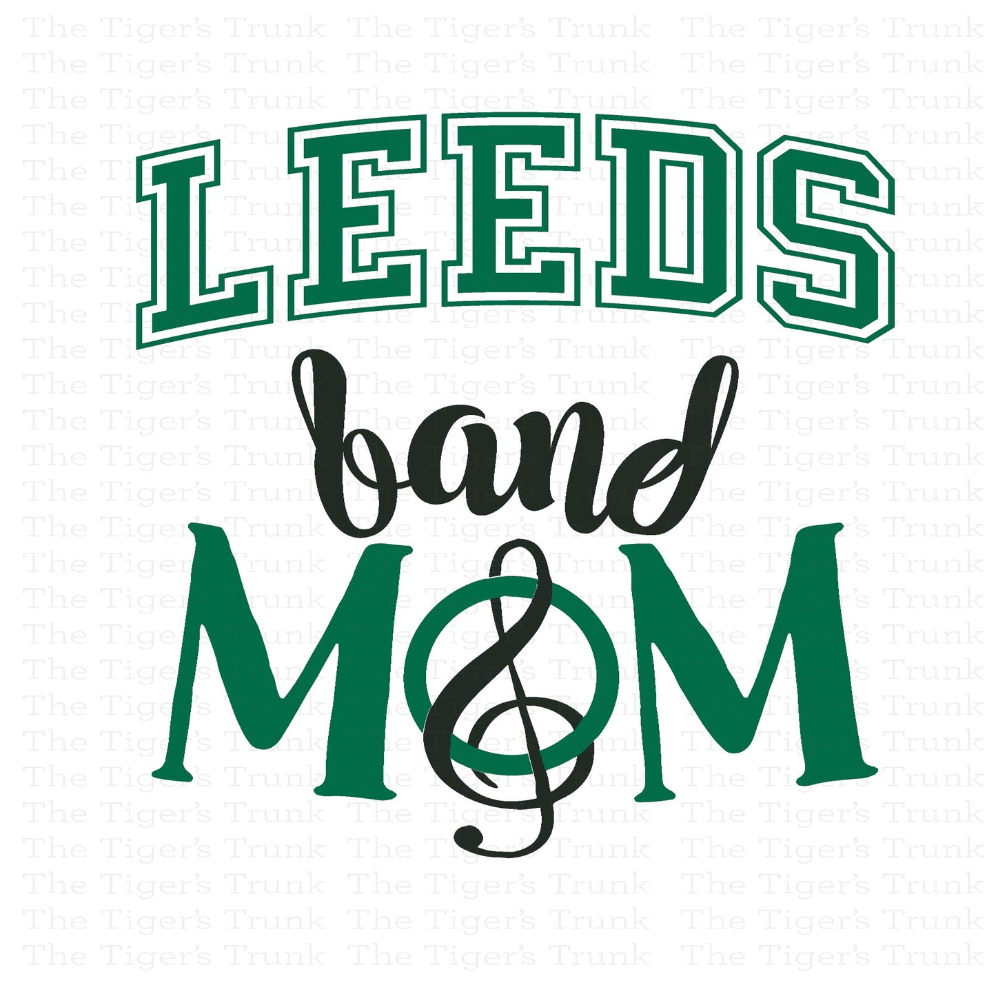 Text 'LEEDS band MOM' with a treble clef symbol on a white background