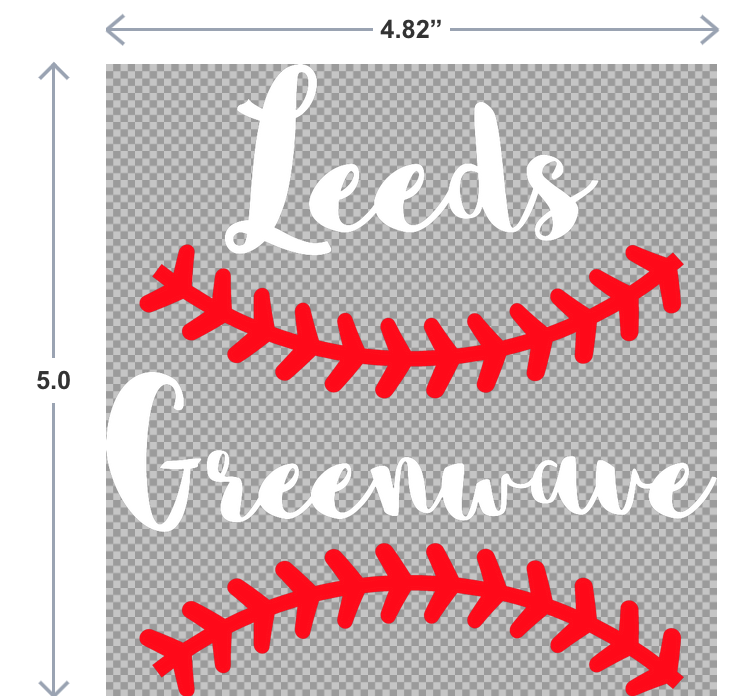Decal with 'Leeds Greenwave' text and red baseball laces on a gray background