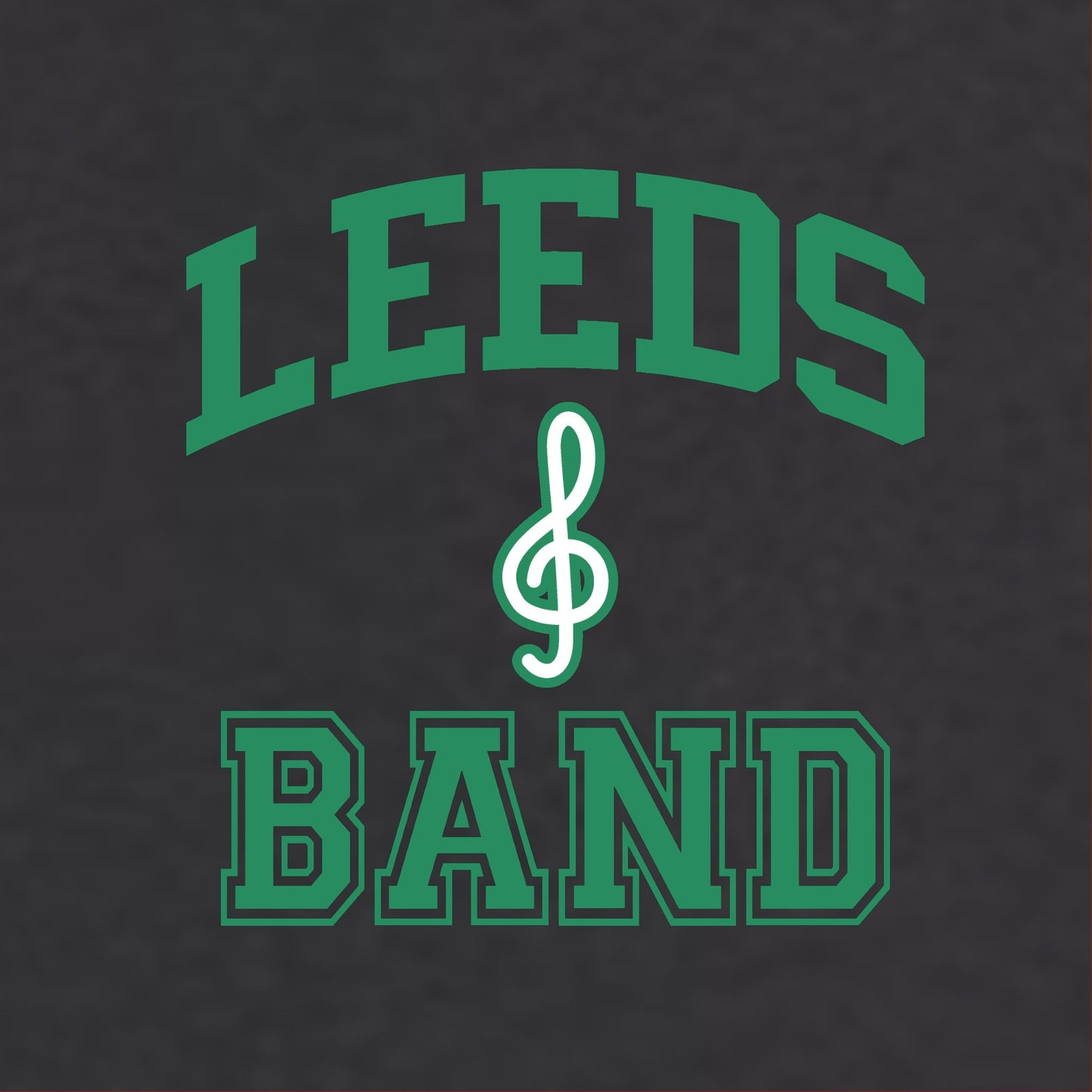 Green 'LEEDS BAND' text with a treble clef on a black background