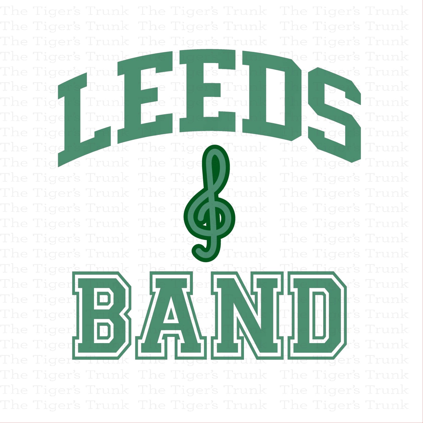 Green 'LEEDS BAND' text with a treble clef on a white background