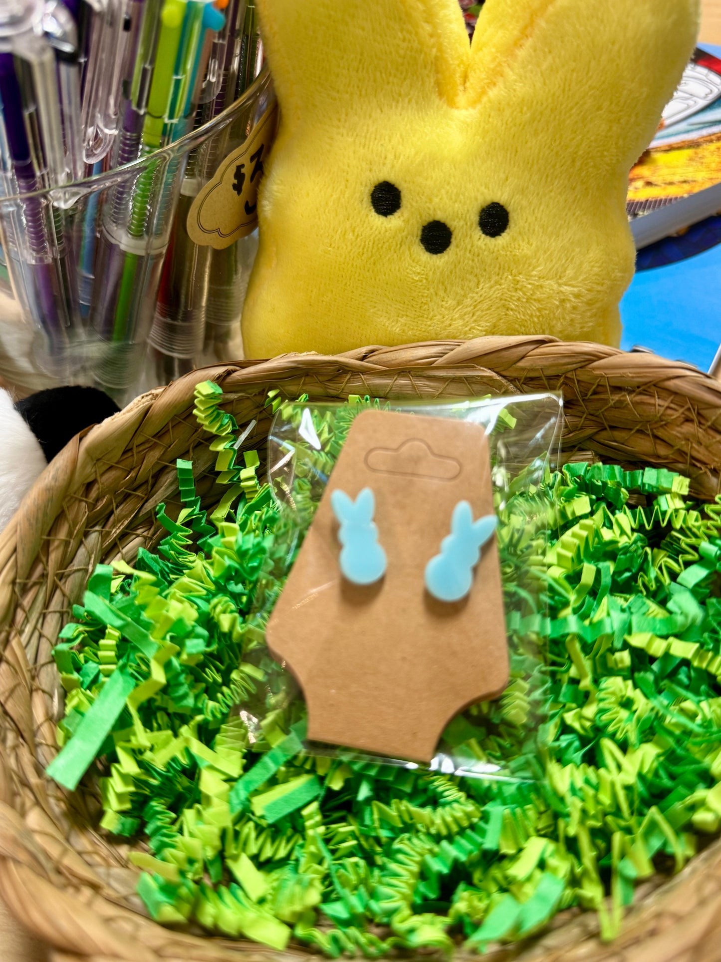 Adorable Easter bunny earrings inspired by Peeps, available in a variety of pastel colors, perfect for spring fashion and festive accessories.