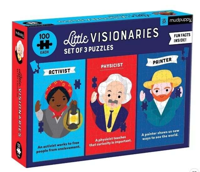Box cover of Little Visionaries 100-piece puzzle featuring colorful and inspiring illustrations of influential historical figures.