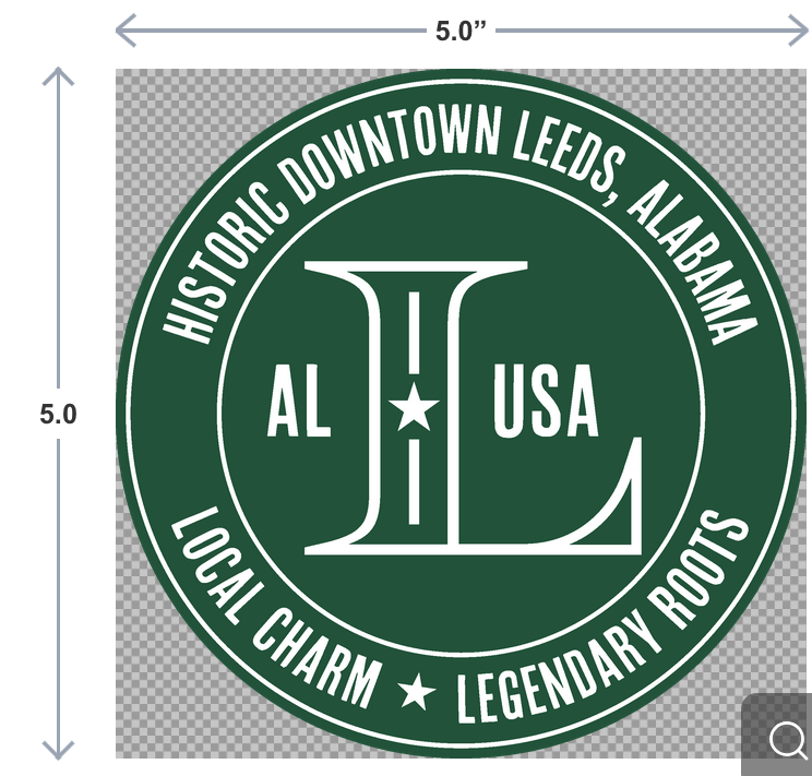 Circular logo with text and a stylized letter 'L' on a green background, dimensions indicated.