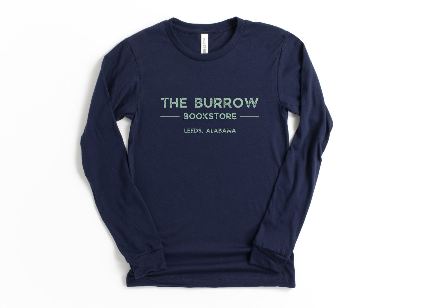 Long-sleeve t-shirt with The Burrow Bookstore, Leeds AL logo, ideal for book lovers and small-town supporters.
