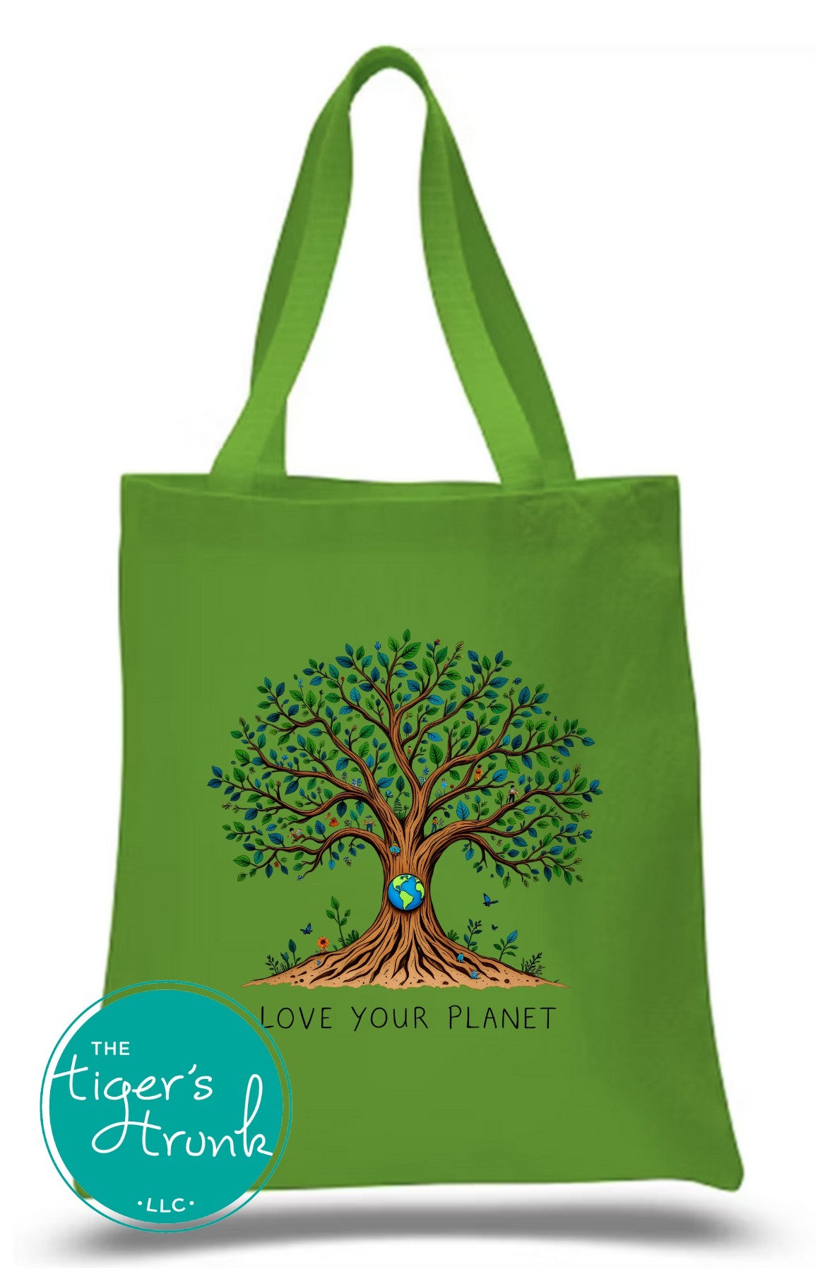 Cotton canvas tote bag with the phrase Love Your Planet and an illustration of a tree with the Earth as its canopy, featuring sturdy 20-inch handles.