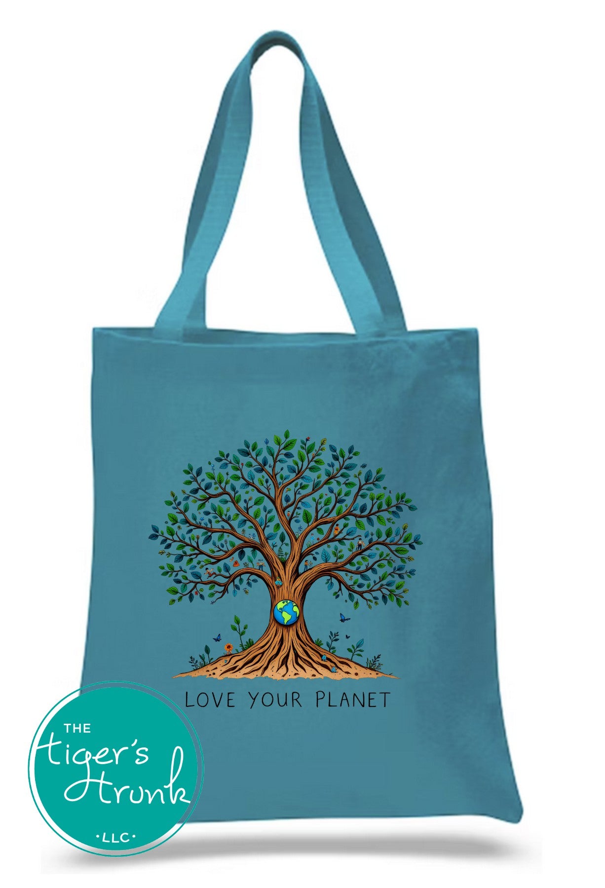 Cotton canvas tote bag with the phrase Love Your Planet and an illustration of a tree with the Earth as its canopy, featuring sturdy 20-inch handles.