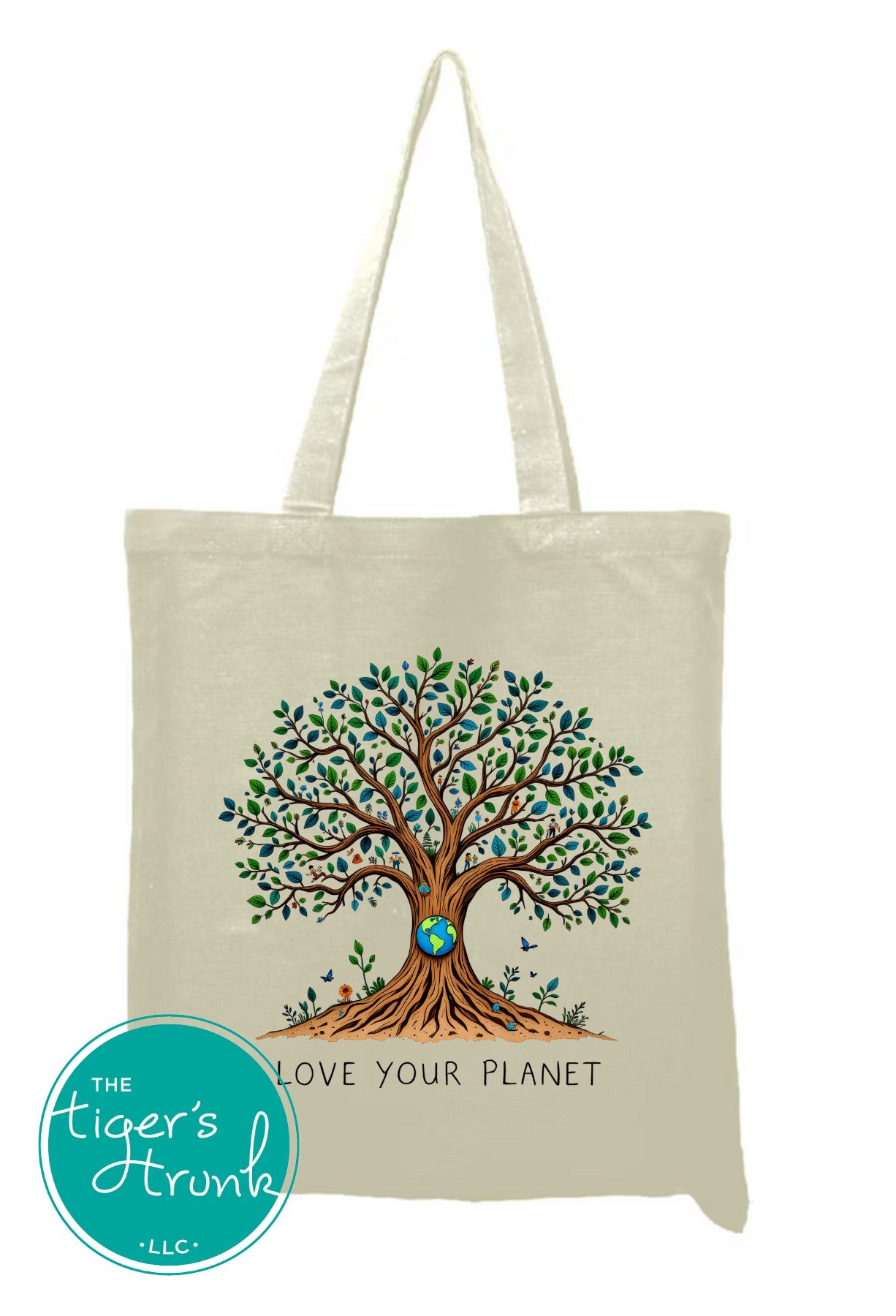 Cotton canvas tote bag with the phrase Love Your Planet and an illustration of a tree with the Earth as its canopy, featuring sturdy 20-inch handles.